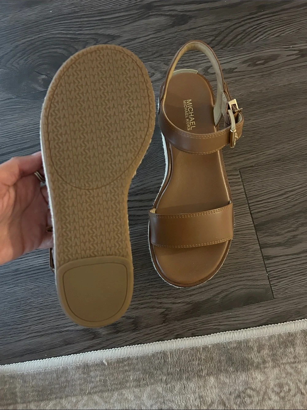 NWOT Michael Kors Luggage Brown Leather Platform Espadrille Sandal